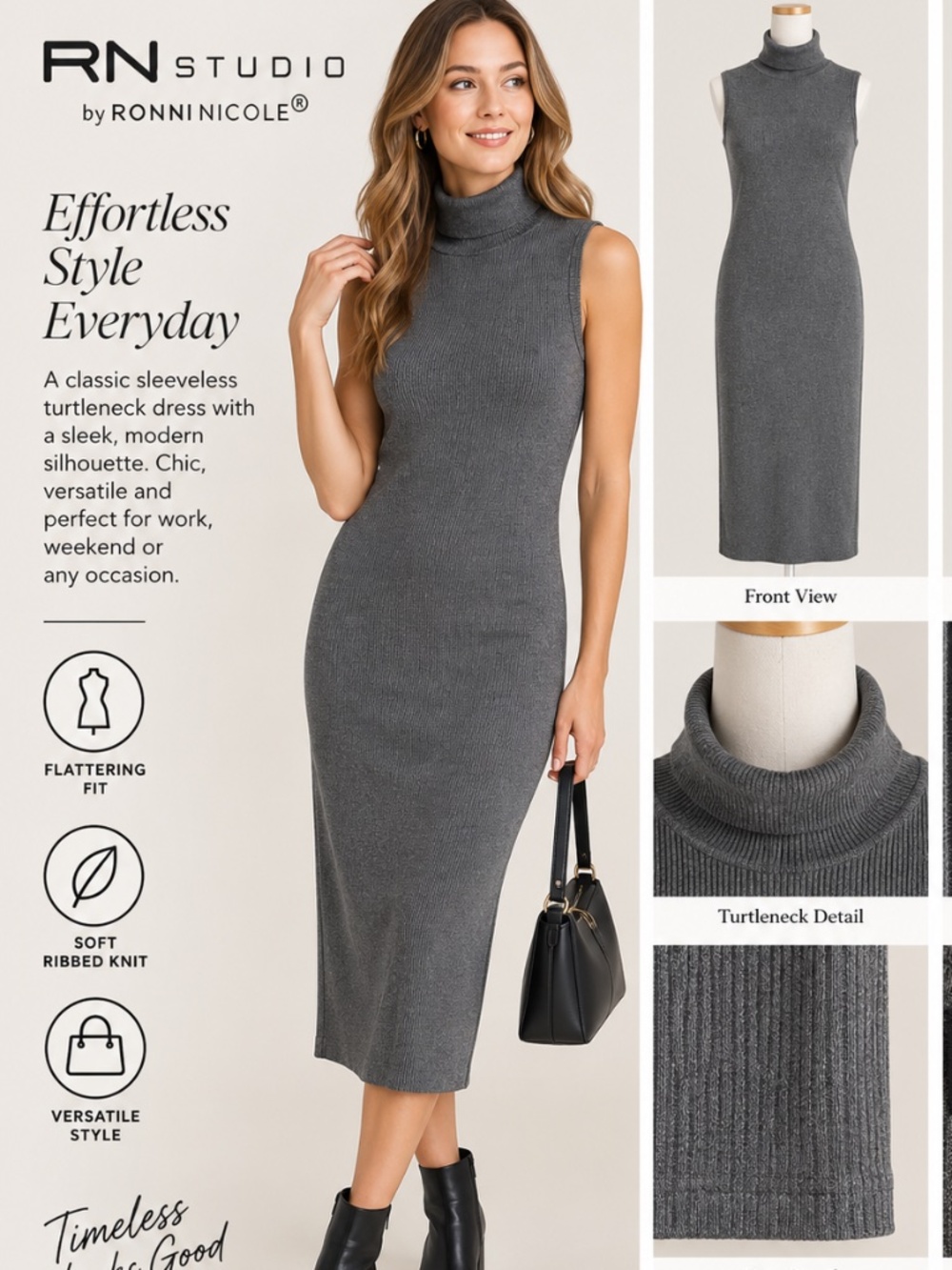 NWT RN Studio Ronni Nicole Gray Ribbed Turtleneck Midi Bodycon Dress Size M